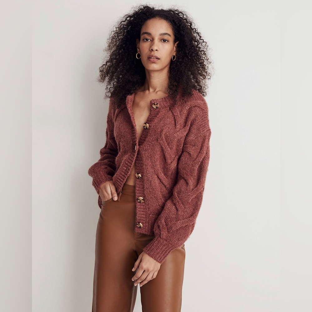 Madewell Cable Ashmont Cardigan Sweater - XS in Heather Tulip